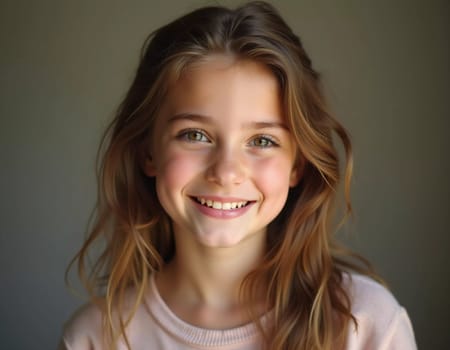 A young Caucasian girl with beautiful eyes and wavy hair stands smiling softly. Her playful demeanor shines through as she poses in a cozy indoor setting in France. Generative AI.