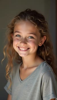 A young Caucasian girl with beautiful brown eyes and wavy hair stands smiling softly. Her playful demeanor shines through as she poses in a cozy setting in France. Generative AI.