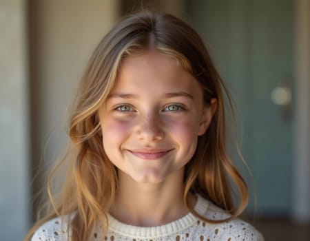 A young Caucasian girl with beautiful eyes and wavy hair stands smiling softly. Her playful demeanor shines through as she poses in a cozy indoor setting in France. Generative AI.