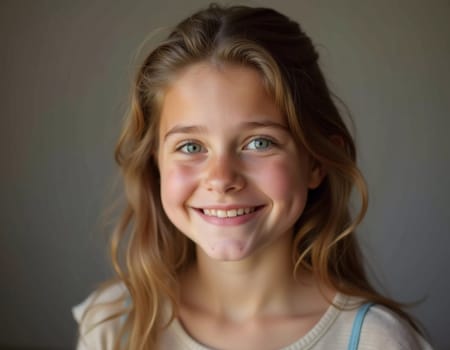 A young Caucasian girl with beautiful eyes and wavy hair stands smiling softly. Her playful demeanor shines through as she poses in a cozy indoor setting in France. Generative AI.