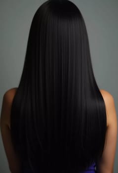 Smooth, straight black hair flows elegantly down back, highlighting its healthy shine and uniform color, illuminated by soft lighting, creating striking look. Hair care, the effect of cosmetics. AI.