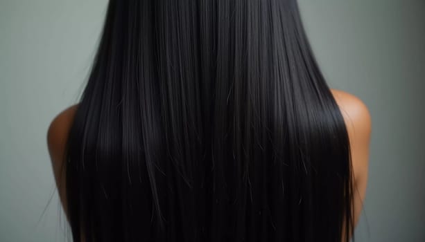 Smooth, straight black hair flows elegantly down back, highlighting its healthy shine and uniform color, illuminated by soft lighting, creating striking look. Hair care, the effect of cosmetics. AI.