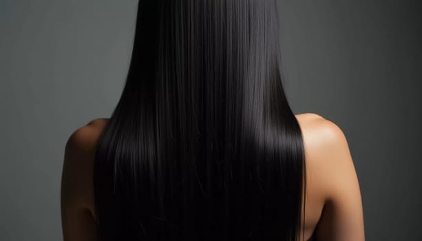 Smooth, straight black hair flows elegantly down back, highlighting its healthy shine and uniform color, illuminated by soft lighting, creating striking look. Hair care, the effect of cosmetics. AI.