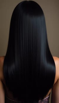 Smooth, straight black hair flows elegantly down back, highlighting its healthy shine and uniform color, illuminated by soft lighting, creating striking look. Hair care, the effect of cosmetics. AI.
