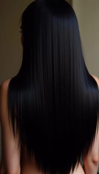 Smooth, straight black hair flows elegantly down back, highlighting its healthy shine and uniform color, illuminated by soft lighting, creating striking look. Hair care, the effect of cosmetics. AI.