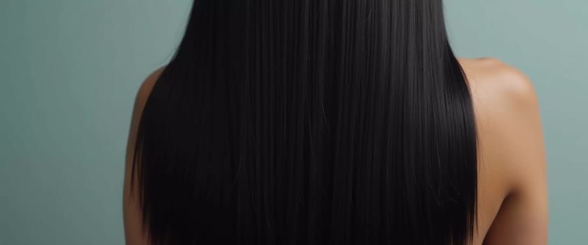 Smooth, straight black hair flows elegantly down back, highlighting its healthy shine and uniform color, illuminated by soft lighting, creating striking look. Hair care, the effect of cosmetics. AI.
