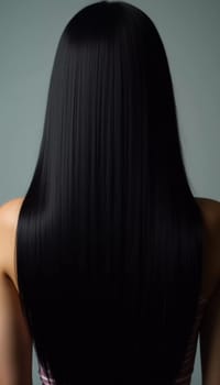 Smooth, straight black hair flows elegantly down back, highlighting its healthy shine and uniform color, illuminated by soft lighting, creating striking look. Hair care, the effect of cosmetics. AI.