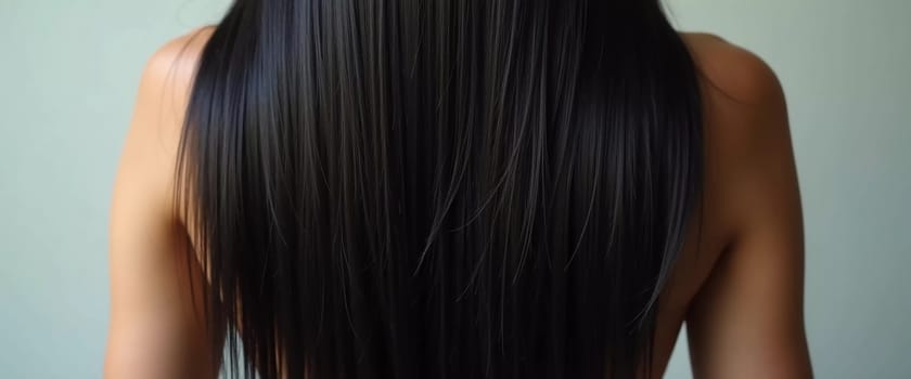 Smooth, straight black hair flows elegantly down back, highlighting its healthy shine and uniform color, illuminated by soft lighting, creating striking look. Hair care, the effect of cosmetics. AI.
