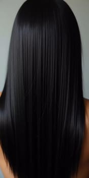 Smooth, straight black hair flows elegantly down back, highlighting its healthy shine and uniform color, illuminated by soft lighting, creating striking look. Hair care, the effect of cosmetics. AI.