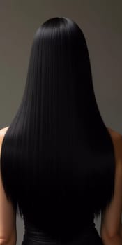 Smooth, straight black hair flows elegantly down back, highlighting its healthy shine and uniform color, illuminated by soft lighting, creating striking look. Hair care, the effect of cosmetics. AI.