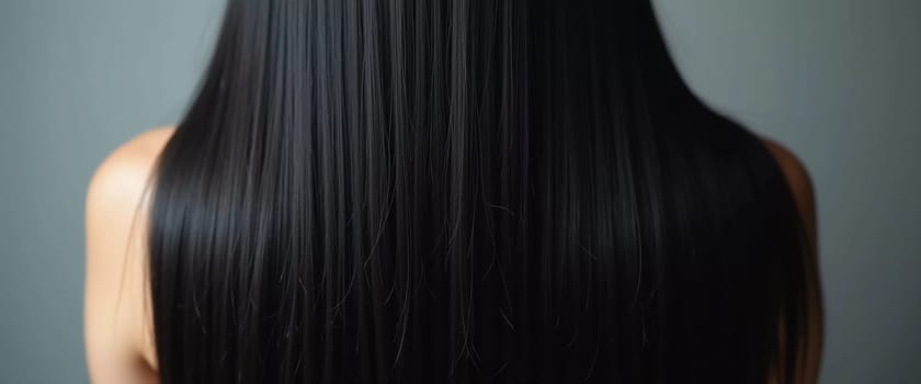 Smooth, straight black hair flows elegantly down back, highlighting its healthy shine and uniform color, illuminated by soft lighting, creating striking look. Hair care, the effect of cosmetics. AI.