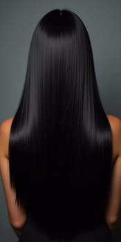 Smooth, straight black hair flows elegantly down back, highlighting its healthy shine and uniform color, illuminated by soft lighting, creating striking look. Hair care, the effect of cosmetics. AI.