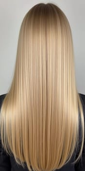Smooth, straight blond hair flows elegantly down back, highlighting its healthy shine and uniform color, illuminated by soft lighting, creating striking look. Hair care, the effect of cosmetics. AI.