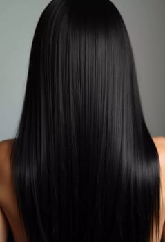 Smooth, straight black hair flows elegantly down back, highlighting its healthy shine and uniform color, illuminated by soft lighting, creating striking look. Hair care, the effect of cosmetics. AI.