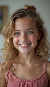 A young Caucasian girl with beautiful eyes and wavy hair stands smiling softly. Her playful demeanor shines through as she poses in a cozy indoor setting in France. Generative AI.