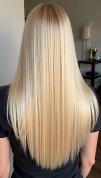 Smooth, straight blond hair flows elegantly down back, highlighting its healthy shine and uniform color, illuminated by soft lighting, creating striking look. Hair care, the effect of cosmetics. AI.