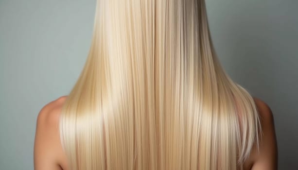 Smooth, straight blond hair flows elegantly down back, highlighting its healthy shine and uniform color, illuminated by soft lighting, creating striking look. Hair care, the effect of cosmetics. AI.