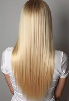 Smooth, straight blond hair flows elegantly down back, highlighting its healthy shine and uniform color, illuminated by soft lighting, creating striking look. Hair care, the effect of cosmetics. AI.