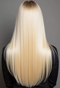 Smooth, straight blond hair flows elegantly down back, highlighting its healthy shine and uniform color, illuminated by soft lighting, creating striking look. Hair care, the effect of cosmetics. AI.