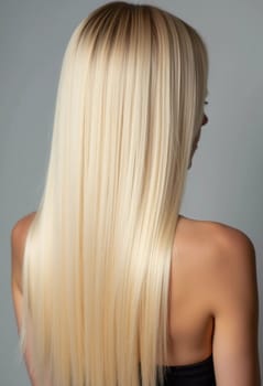 Smooth, straight blond hair flows elegantly down back, highlighting its healthy shine and uniform color, illuminated by soft lighting, creating striking look. Hair care, the effect of cosmetics. AI.