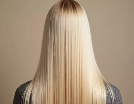 Smooth, straight blond hair flows elegantly down back, highlighting its healthy shine and uniform color, illuminated by soft lighting, creating striking look. Hair care, the effect of cosmetics. AI.