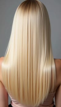 Smooth, straight blond hair flows elegantly down back, highlighting its healthy shine and uniform color, illuminated by soft lighting, creating striking look. Hair care, the effect of cosmetics. AI.
