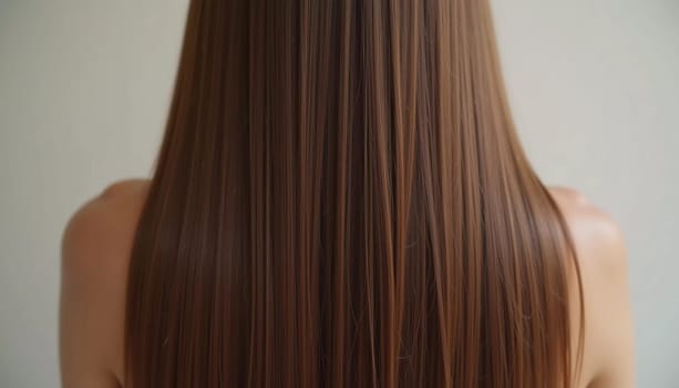 Smooth, straight brown hair flows elegantly down back, highlighting its healthy shine and uniform color, illuminated by soft lighting, creating striking look. Hair care, the effect of cosmetics. AI.