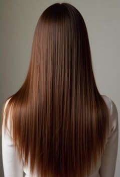 Smooth, straight brown hair flows elegantly down back, highlighting its healthy shine and uniform color, illuminated by soft lighting, creating striking look. Hair care, the effect of cosmetics. AI.