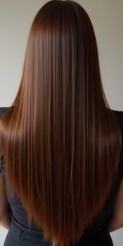 Smooth, straight brown hair flows elegantly down back, highlighting its healthy shine and uniform color, illuminated by soft lighting, creating striking look. Hair care, the effect of cosmetics. AI.