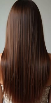 Smooth, straight brown hair flows elegantly down back, highlighting its healthy shine and uniform color, illuminated by soft lighting, creating striking look. Hair care, the effect of cosmetics. AI.