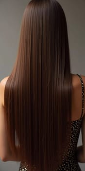 Smooth, straight brown hair flows elegantly down back, highlighting its healthy shine and uniform color, illuminated by soft lighting, creating striking look. Hair care, the effect of cosmetics. AI.