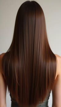 Smooth, straight brown hair flows elegantly down back, highlighting its healthy shine and uniform color, illuminated by soft lighting, creating striking look. Hair care, the effect of cosmetics. AI.