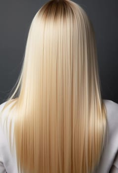 Smooth, straight blond hair flows elegantly down back, highlighting its healthy shine and uniform color, illuminated by soft lighting, creating striking look. Hair care, the effect of cosmetics. AI.
