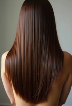 Smooth, straight brown hair flows elegantly down back, highlighting its healthy shine and uniform color, illuminated by soft lighting, creating striking look. Hair care, the effect of cosmetics. AI.