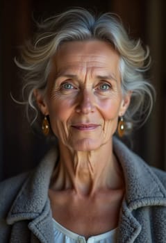 A French Caucasian woman 60 years old with silver hair and a warm smile stands in her home, radiating tranquility and confidence while dressed casually in a blue shirt. Generative AI.
