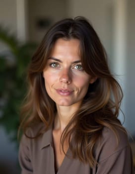 A French Caucasian beautiful young resident woman with wavy hair shares a genuine smile while standing indoors, illuminated by natural light, creating an inviting atmosphere. Generative AI.