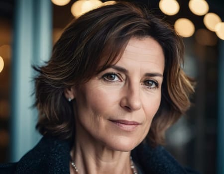 A Caucasian brunette French woman 50 - 60 years old with medium length hair up to shoulders stands in a quaint French street. The scenery embodies a serene and joyful atmosphere. Generative AI.