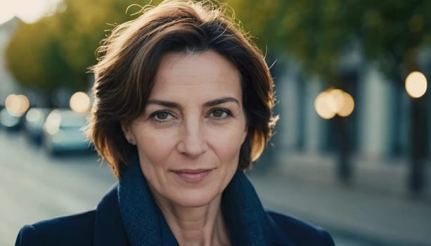 A Caucasian brunette French woman 50 - 60 years old with medium length hair up to shoulders stands in a quaint French street. The scenery embodies a serene and joyful atmosphere. Generative AI.
