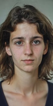 A young woman with relaxed hair gazes thoughtfully, revealing her natural beauty in a softly lit indoor space that highlights her features. Generative AI.