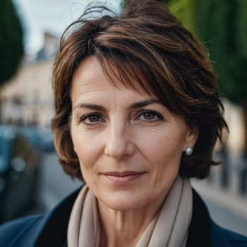 A Caucasian brunette French woman 50 - 60 years old with medium length hair up to shoulders stands in a quaint French street. The scenery embodies a serene and joyful atmosphere. Generative AI.