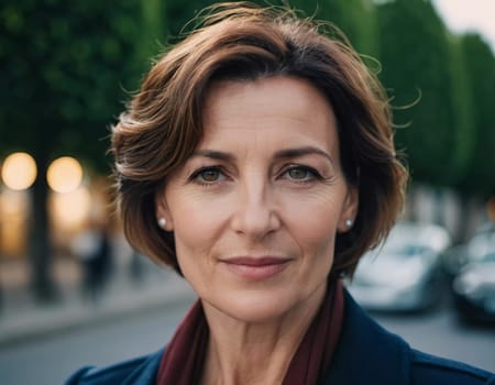 A Caucasian brunette French woman 50 - 60 years old with medium length hair up to shoulders stands in a quaint French street. The scenery embodies a serene and joyful atmosphere. Generative AI.