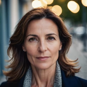 A Caucasian brunette French woman 50 - 60 years old with medium length hair up to shoulders stands in a quaint French street. The scenery embodies a serene and joyful atmosphere. Generative AI.
