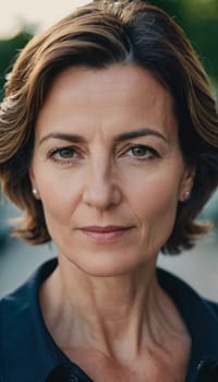 A Caucasian brunette French woman 50 - 60 years old with medium length hair up to shoulders stands in a quaint French street. The scenery embodies a serene and joyful atmosphere. Generative AI.