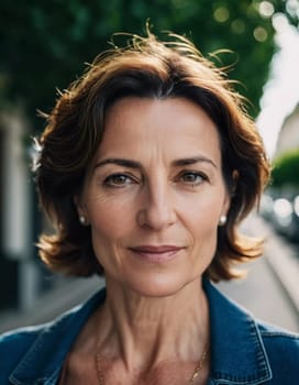 A Caucasian brunette French woman 50 - 60 years old with medium length hair up to shoulders stands in a quaint French street. The scenery embodies a serene and joyful atmosphere. Generative AI.