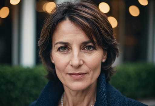 A Caucasian brunette French woman 50 - 60 years old with medium length hair up to shoulders stands in a quaint French street. The scenery embodies a serene and joyful atmosphere. Generative AI.