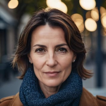 A Caucasian brunette French woman 50 - 60 years old with medium length hair up to shoulders stands in a quaint French street. The scenery embodies a serene and joyful atmosphere. Generative AI.
