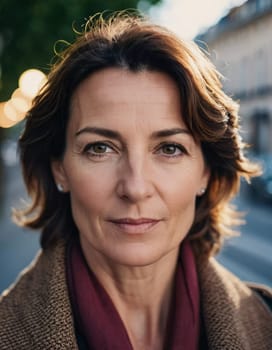 A Caucasian brunette French woman 50 - 60 years old with medium length hair up to shoulders stands in a quaint French street. The scenery embodies a serene and joyful atmosphere. Generative AI.