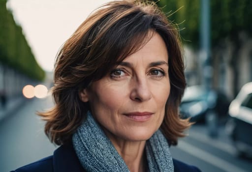 A Caucasian brunette French woman 50 - 60 years old with medium length hair up to shoulders stands in a quaint French street. The scenery embodies a serene and joyful atmosphere. Generative AI.