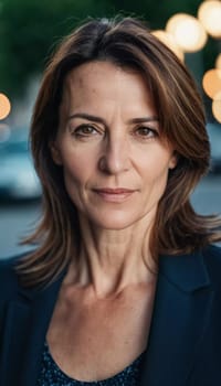 A Caucasian brunette French woman 50 - 60 years old with medium length hair up to shoulders stands in a quaint French street. The scenery embodies a serene and joyful atmosphere. Generative AI.