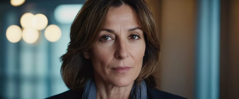 A Caucasian brunette French woman 50 - 60 years old with medium length hair up to shoulders stands in a quaint French street. The scenery embodies a serene and joyful atmosphere. Generative AI.